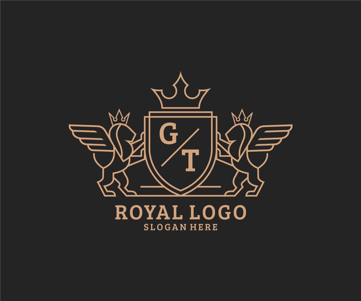 Initial GT Letter Lion Royal Luxury Heraldic,Crest Logo template in vector art for Restaurant, Royalty, Boutique, Cafe, Hotel, Heraldic, Jewelry, Fashion and other vector illustration.