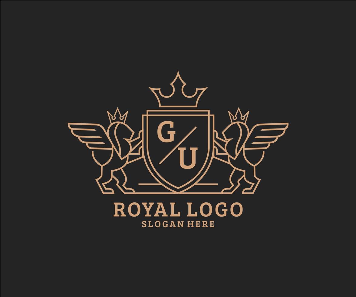 Initial GU Letter Lion Royal Luxury Heraldic,Crest Logo template in vector art for Restaurant, Royalty, Boutique, Cafe, Hotel, Heraldic, Jewelry, Fashion and other vector illustration.