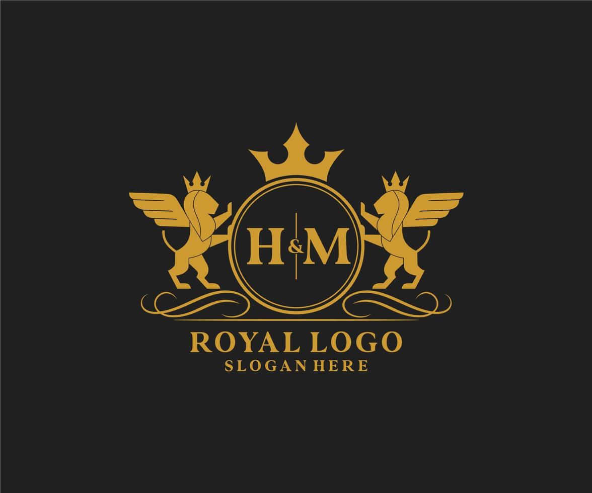 Initial HM Letter Lion Royal Luxury Heraldic,Crest Logo template in vector art for Restaurant, Royalty, Boutique, Cafe, Hotel, Heraldic, Jewelry, Fashion and other vector illustration.