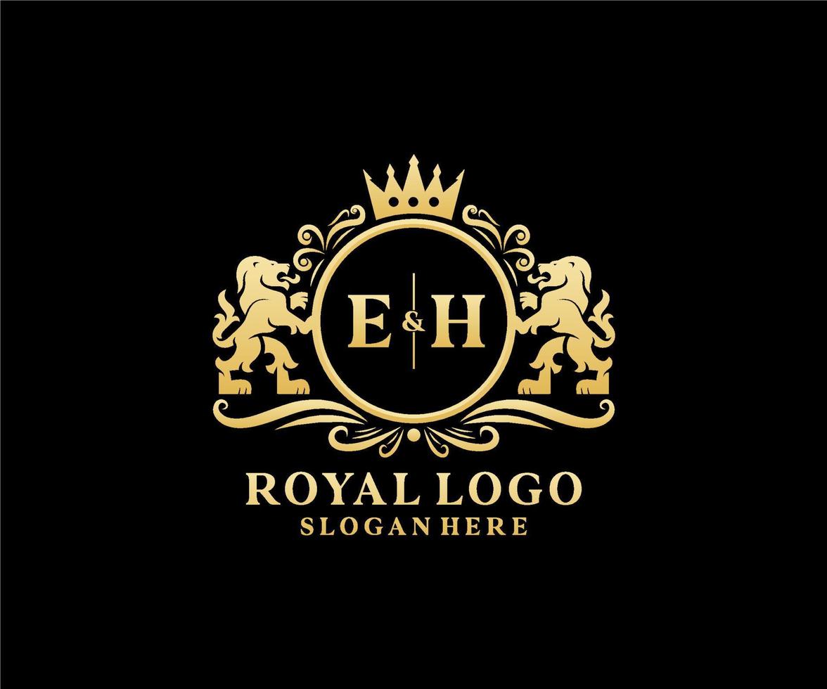 Initial EH Letter Lion Royal Luxury Logo template in vector art for Restaurant, Royalty, Boutique, Cafe, Hotel, Heraldic, Jewelry, Fashion and other vector illustration.