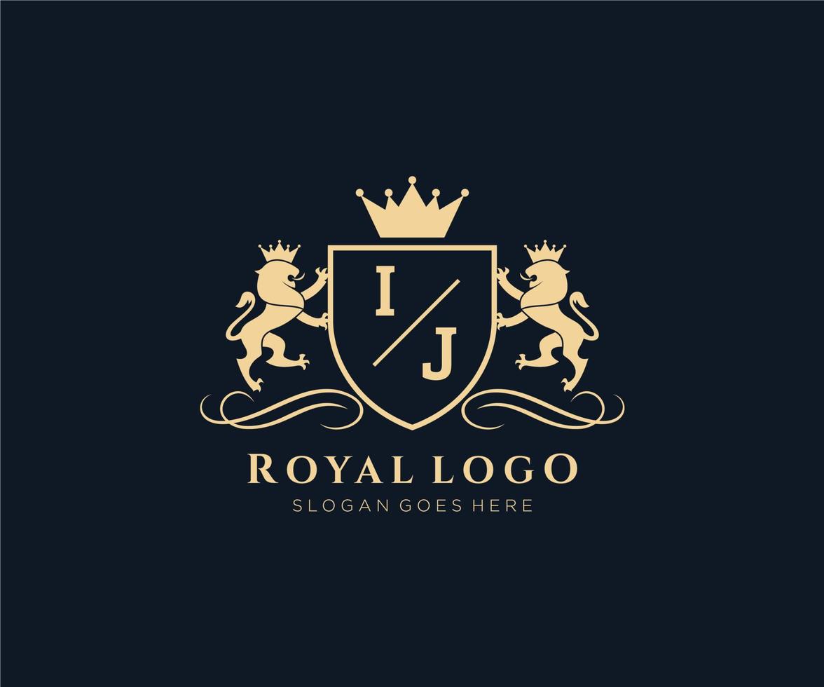 Initial IJ Letter Lion Royal Luxury Heraldic,Crest Logo template in vector art for Restaurant, Royalty, Boutique, Cafe, Hotel, Heraldic, Jewelry, Fashion and other vector illustration.