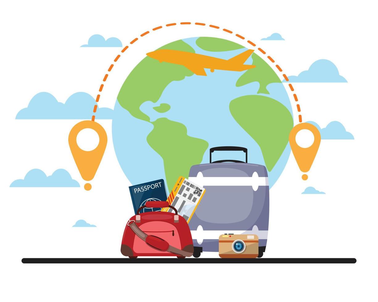 Modern cartoon illustration with travel items on cloudy background. Travel, vacation, destination concept illustration. vector