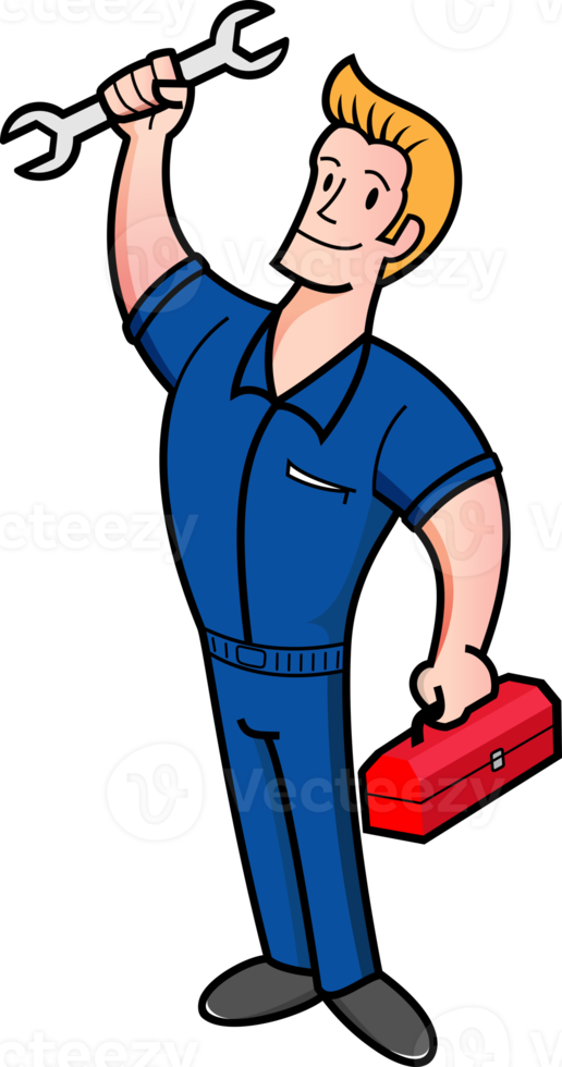 mecânico homem logotipo, faz-tudo para serviço, reparador ou manutenção mascote conceito desenho animado personagem Projeto isolado ilustração png