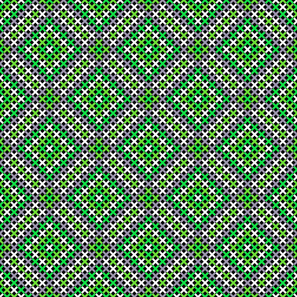 BLACK SEAMLESS VECTOR BACKGROUND WITH GEOMETRIC CROSS STITCH PATTERN IN GREEN SHADES