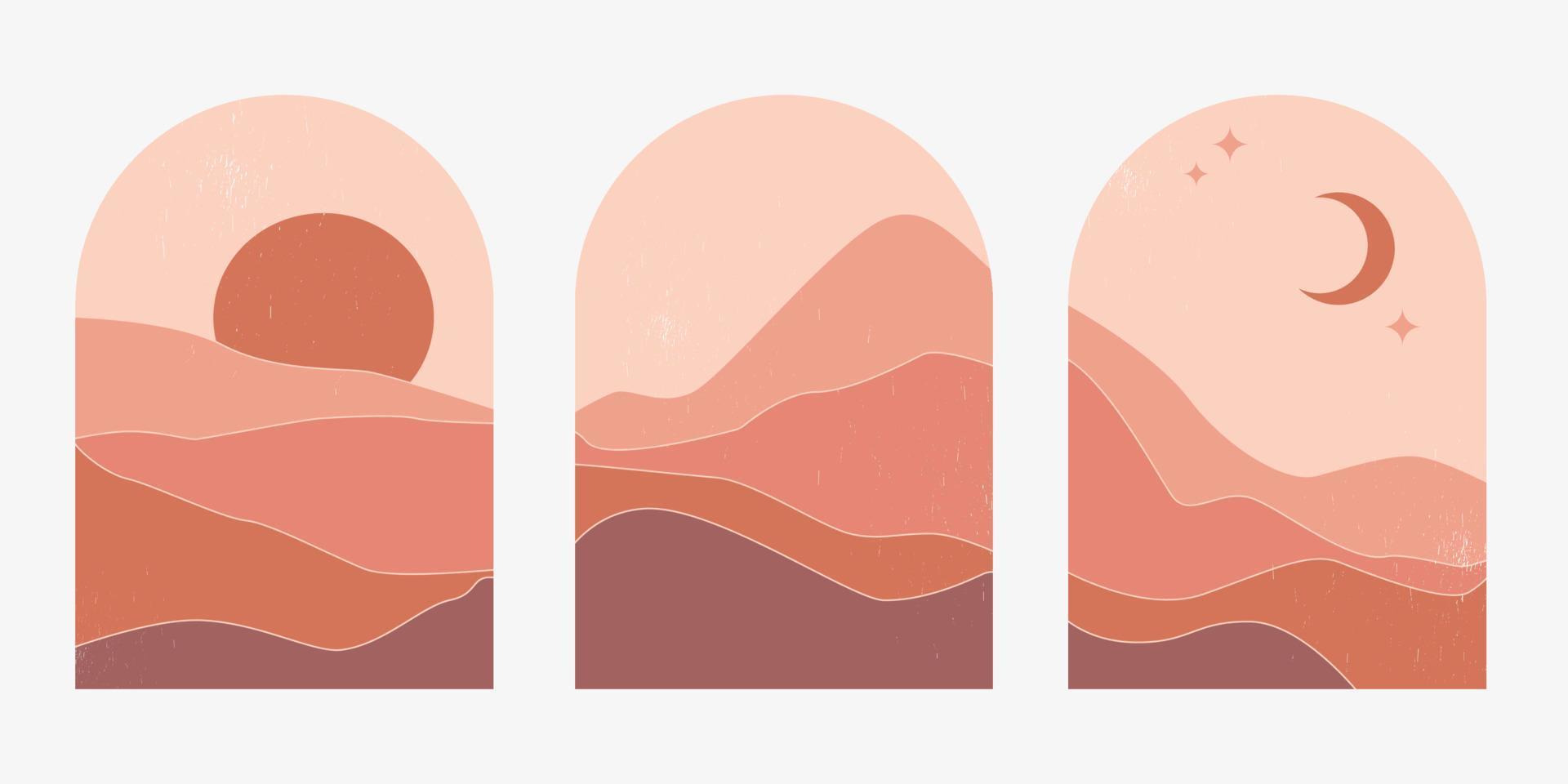 Set of abstract mountain landscapes in arches at sunset with sun and moon in an aesthetic, minimalist mid century style in natural earthy tones, terracotta and beige. Abstract trend line art. vector