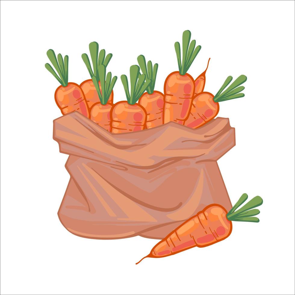 papel bolso lleno de jugoso maduro naranja zanahorias. lona bolso con zanahorias. orgánico vegetales. mano dibujado vector ilustración aislado en blanco antecedentes. íconos pantalones con vegetales.