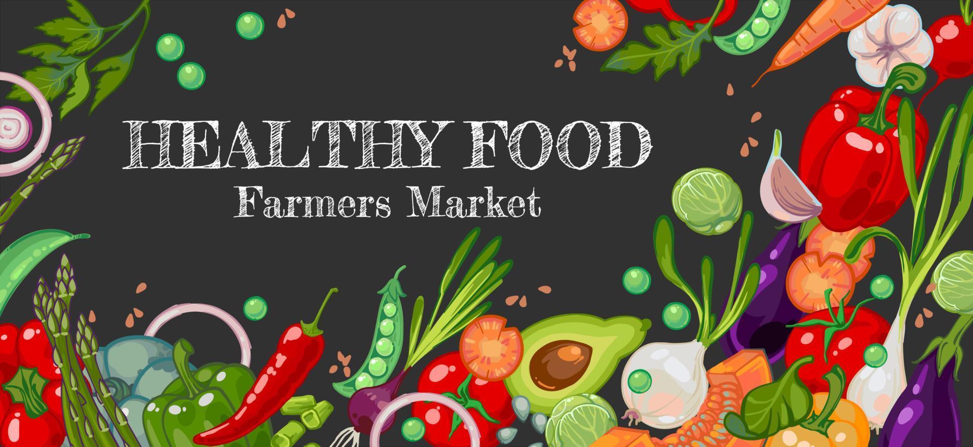 Healthy vegetables of farmers market. Organic vegetarian food banner. Bright juicy garden vegetables on a chalkboard or dark background. A new crop of tomatoes, bell peppers, cabbage, onions, avocados vector