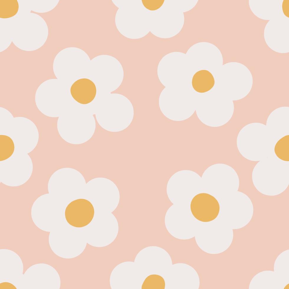 Naive seamless floral boho pattern with white daisies on a peach ...
