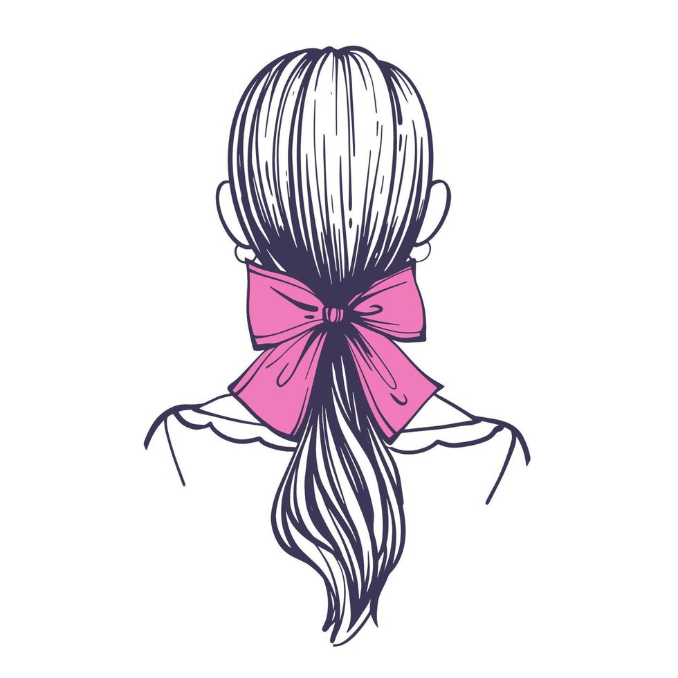 Low ponytail hairstyle with hair bow. Cute female hairstyle with hair accessory. Back view. Hand drawn vector illustration in doodle style isolated on white background.