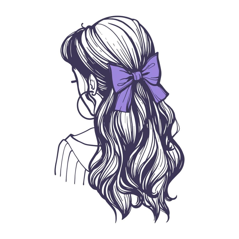 Hairstyle with a purple bow on long hair. Beautiful female hairstyle with retro style hair accessory. Hand drawn vector illustration in doodle style isolated on white background.