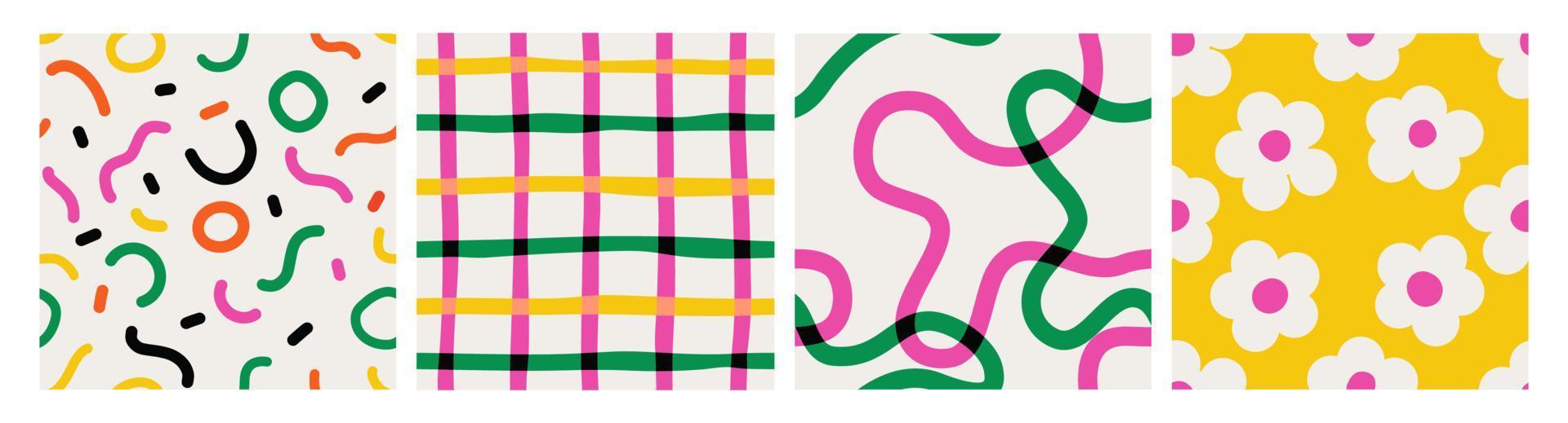 conjunto de ingenuo vibrante sin costura patrones con resumen contemporáneo formas, rayas, a cuadros patrones y margaritas minimalista gráfico Bauhaus diseño en vibrante colores. escandinavo guardería impresión. vector