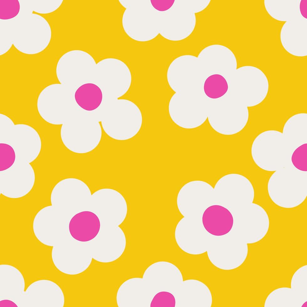 Naive seamless vibrant pattern with white daisies on a yellow background in doodle style. Bright minimalistic Contemporary graphic bauhaus design in vibrant colours. Scandinavian nursery print vector