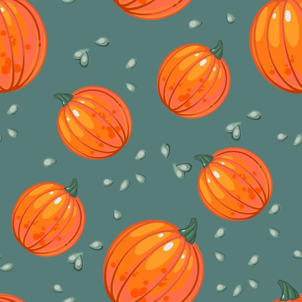 sin costura modelo con jugoso maduro naranja calabazas y calabaza semillas en un gris azulado antecedentes. mano dibujado vector ilustración. estacional, otoño vegetales. cultivado orgánico productos