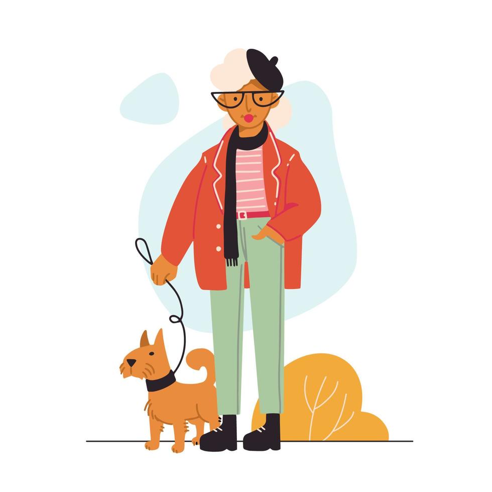 Stylish elderly woman walking on the street with a dog. Modern happy granny on a walk. Hand drawn cartoon grandmother in casual trendy clothes. Flat vector illustration isolated on white.