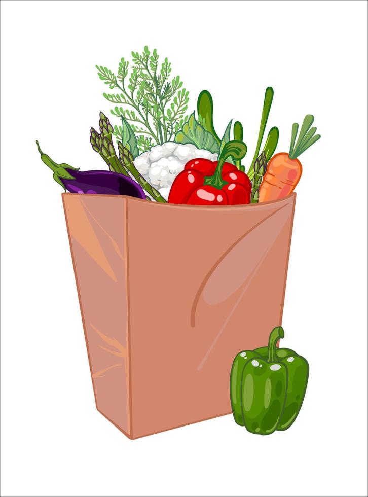 tienda de comestibles compras, papel bolso lleno de sano verduras, natural alimento, orgánico vegetal. Departamento Tienda bienes. mano dibujado vector ilustración aislado en blanco antecedentes.