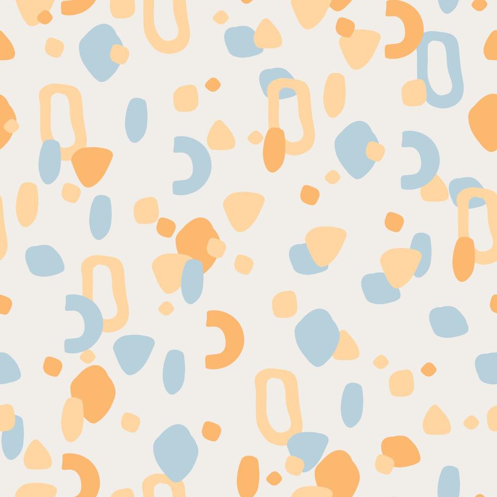 Seamless pattern imitating the Venetian Terrazzo. Modern abstract background of spots and different shapes in yellow and blue colors on a light background. Minimalistic trend background vector