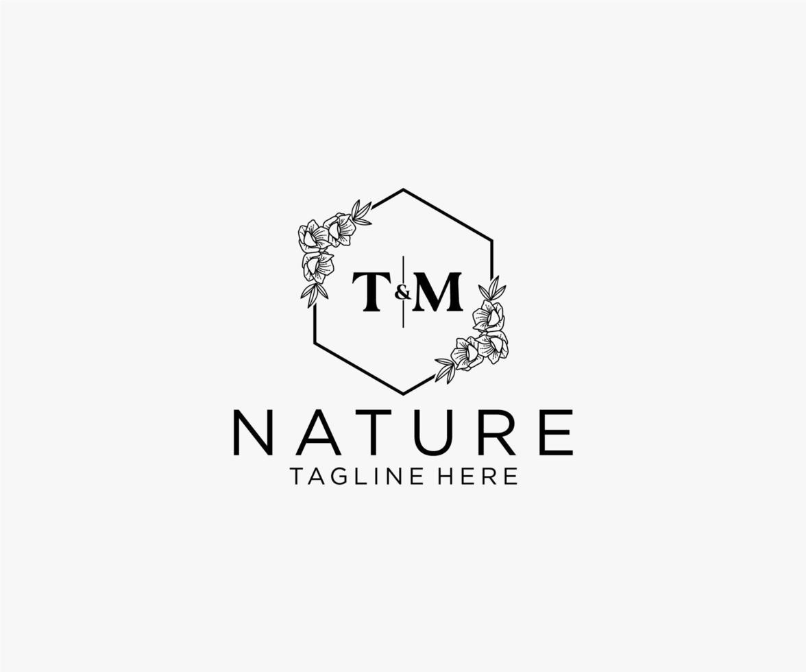 initial TM letters Botanical feminine logo template floral, editable premade monoline logo suitable, Luxury feminine wedding branding, corporate. vector