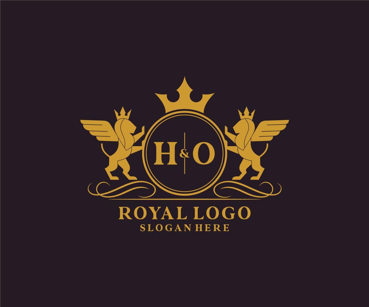 Initial HO Letter Lion Royal Luxury Heraldic,Crest Logo template in vector art for Restaurant, Royalty, Boutique, Cafe, Hotel, Heraldic, Jewelry, Fashion and other vector illustration.