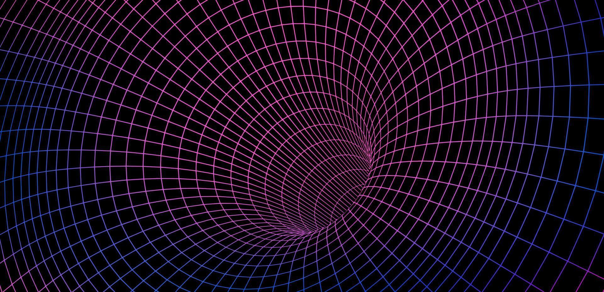 Color wireframe wormhole on black, 3d funnel vector