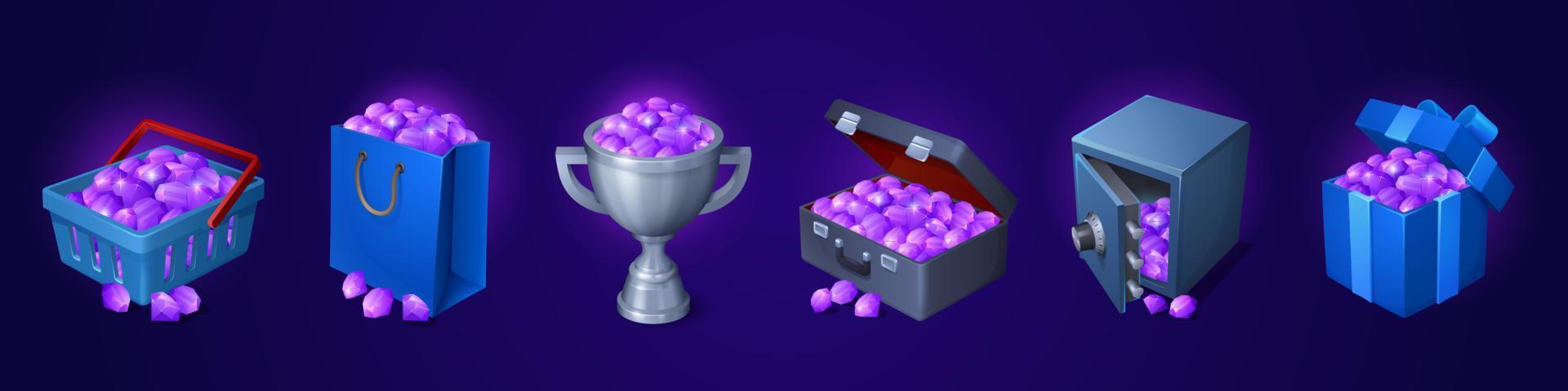 Set of game treasure icons on dark background vector