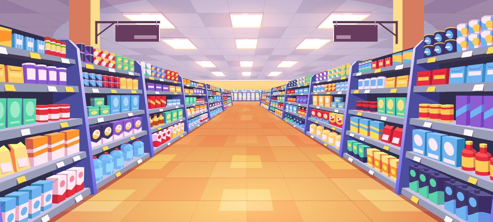 Aisle in grocery store, shelves vector background