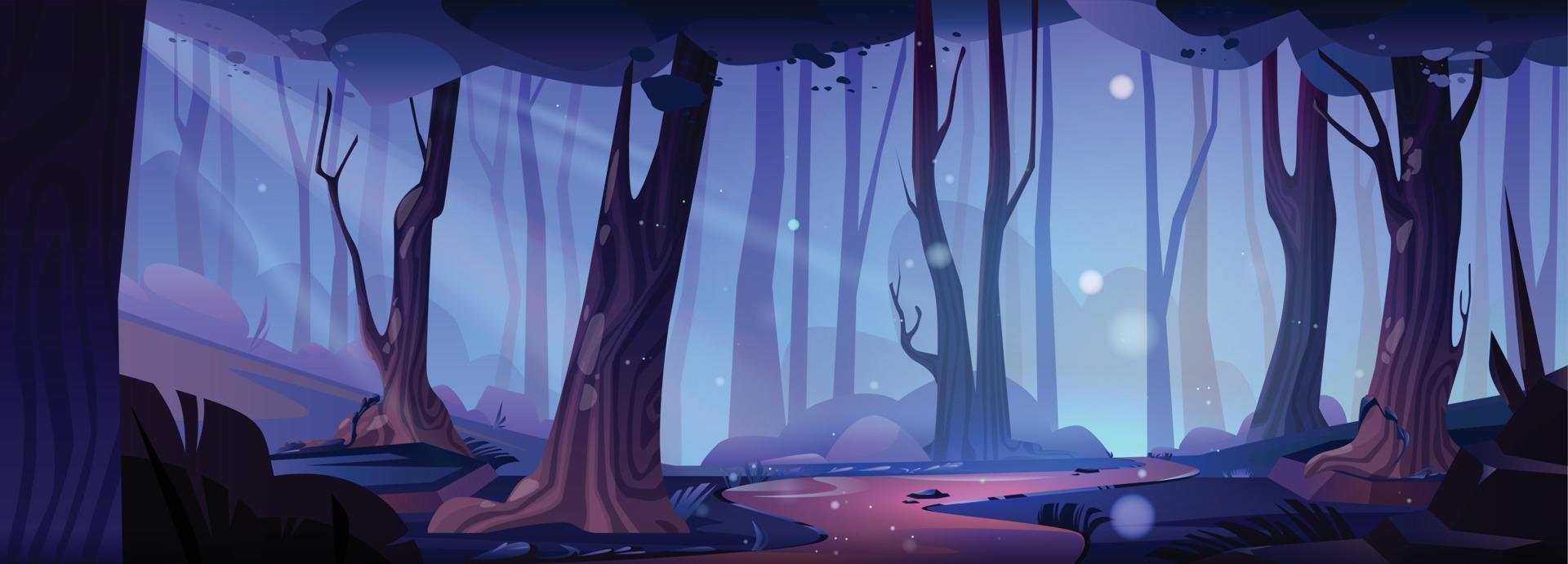 camino en bosque a noche dibujos animados vector paisaje