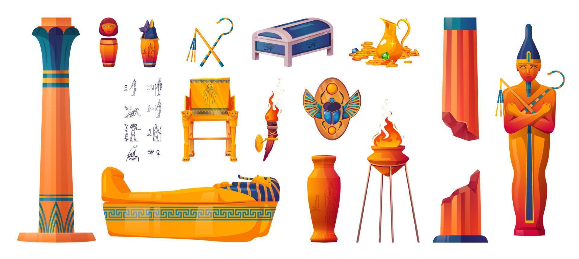 Ancient Egypt symbols, god and pharaoh statues vector