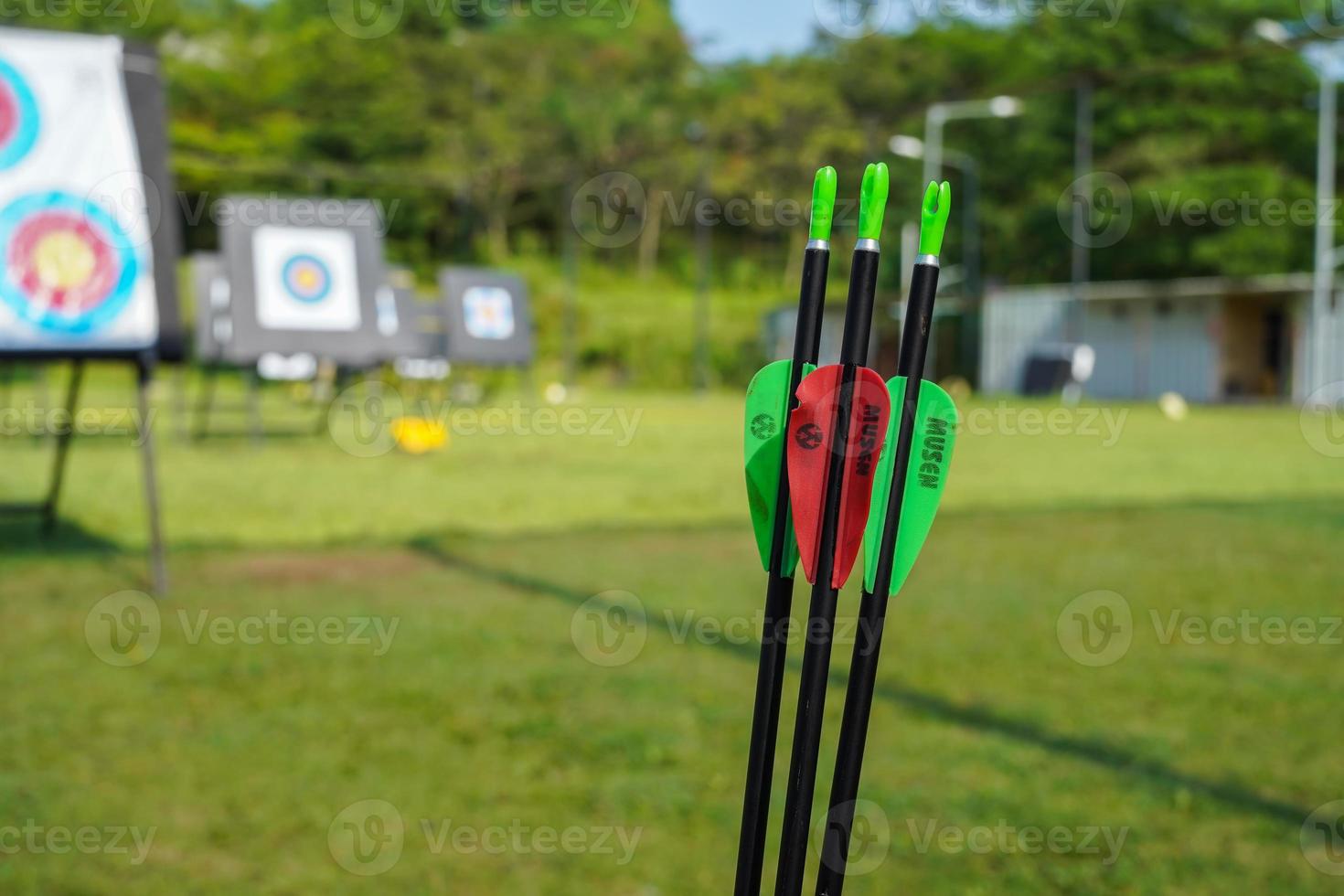 Jacarta, Indonesia, agosto 10, 2022, flecha golpear el objetivo en el objetivo tablero vistoso tiro al arco, tiro al arco deporte foto