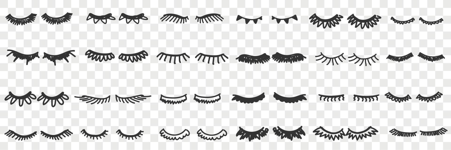 Eyelashes shapes assortment doodle set. Collection of hand drawn various shapes of black coloured eyelashes with mascara touch beauty style isolated on transparent background vector