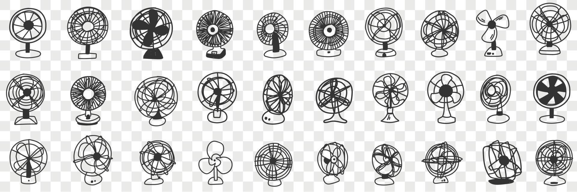 Different blowing fans doodle set. Collection of hand drawn various fans for blowing air and air conditioning in rows isolated on transparent background vector