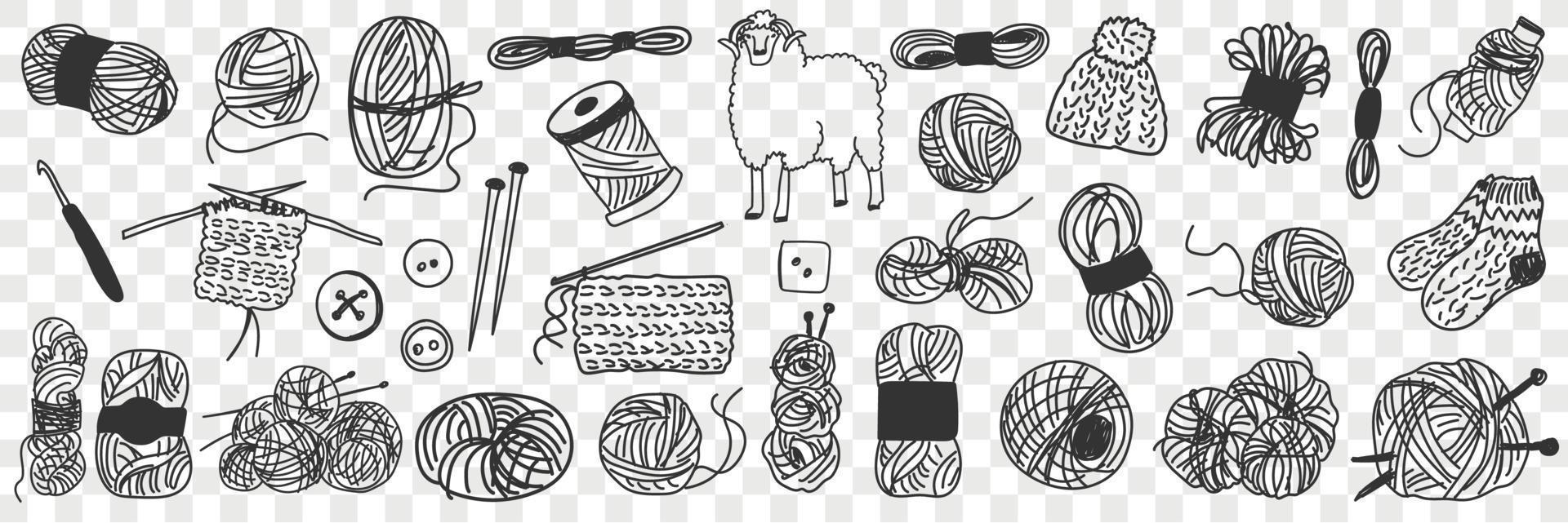 Production of wool doodle set. Collection of hand drawn wool for knitting and sewing and sheep for cutting various isolated on transparent background vector