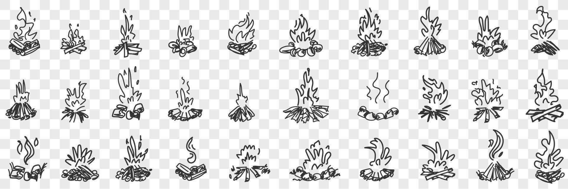 Burning fire flame doodle set. Collection of hand drawn various burning natural flame bonfire in rows isolated on transparent background vector