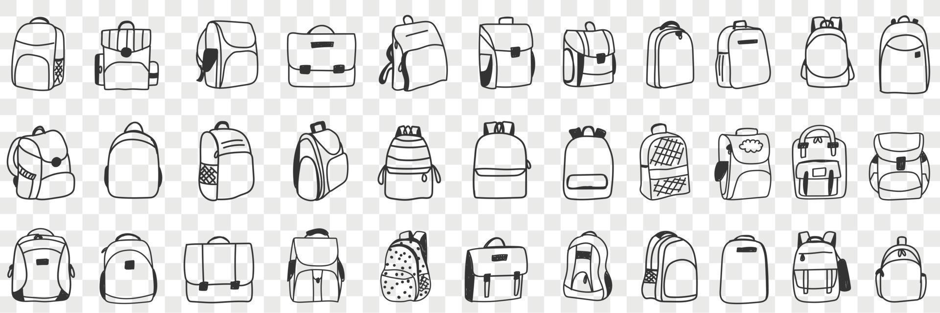 Casual backpacks accessories doodle set. Collection of hand drawn various styles of backpack bags accessories for casual everyday outfit wearing fashion isolated on transparent background vector