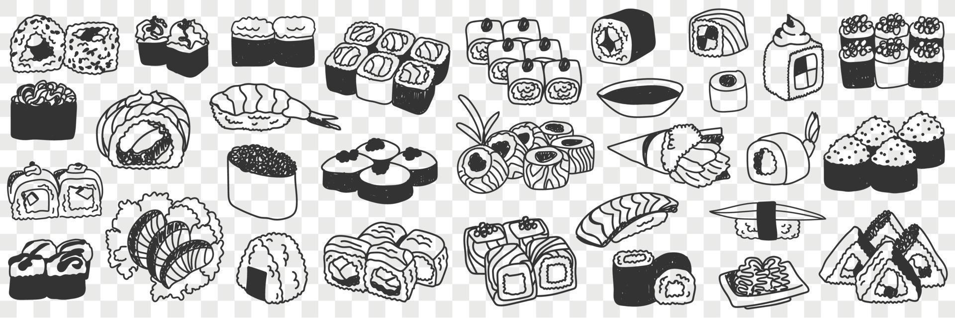 Sushi and rolls doodle set. Collection of hand drawn various japanese sushi seafood rolls for tasty dinner traditional asian culture in rows isolated on transparent background vector