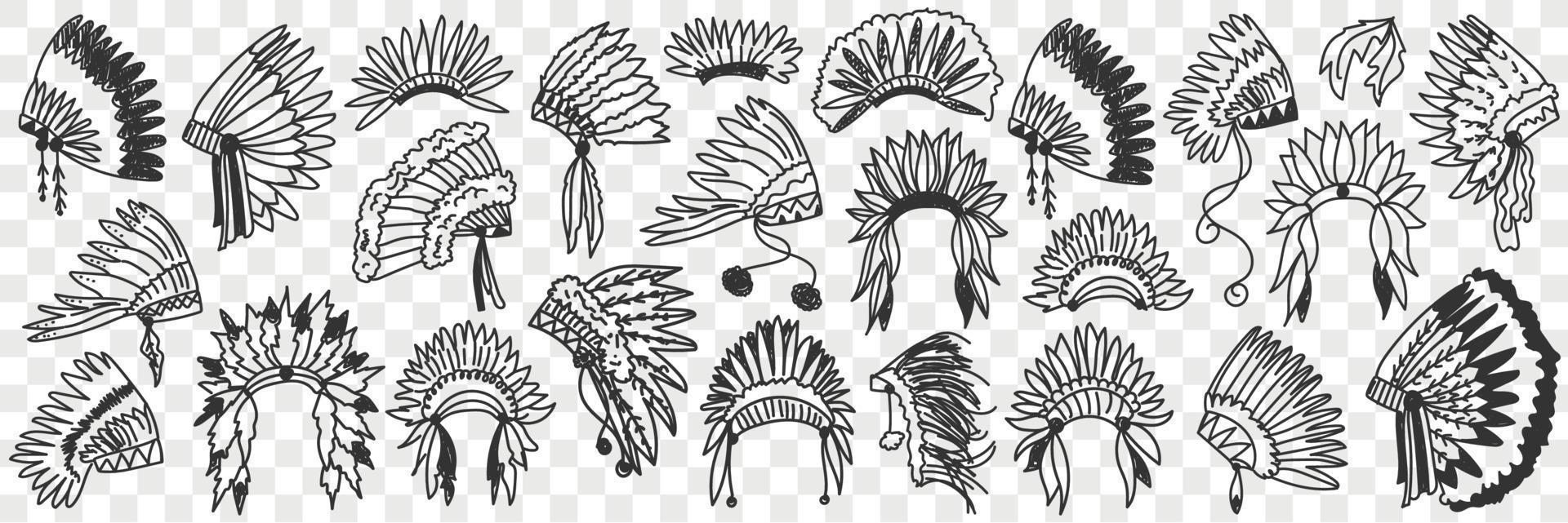 Indians feather headdress doodle set. Collection of hand drawn various accessories of indian american for wearing on head traditional culture fans isolated on transparent background vector