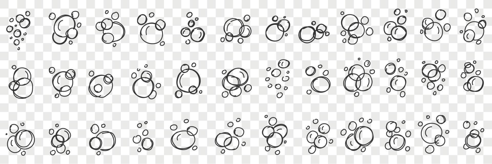 Soap bubbles shapes doodle set. Collection of hand drawn various shapes of soap frothy bubbles on water in rows isolated on transparent background vector