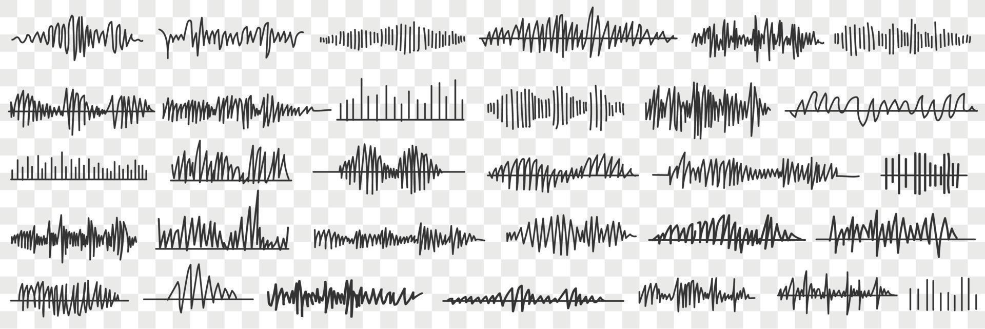 Sound and voice recording doodle set. Collection of hand drawn various records of voice or sounds in special programs in rows isolated on transparent background vector