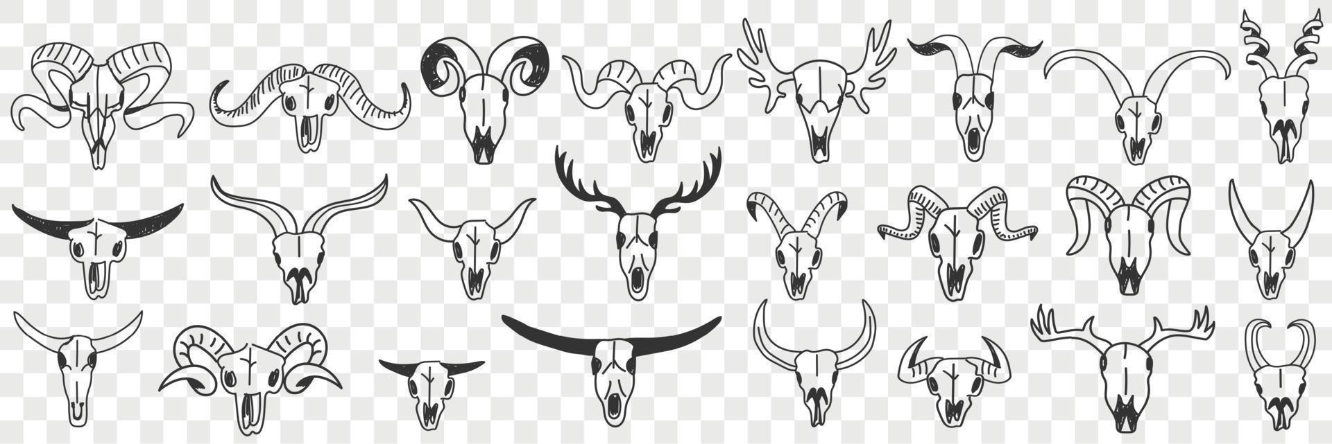 Buffalo horns as decorations doodle set. Collection of hand drawn various horns of wild buffalo animals for hanging in interiors as decorations isolated on transparent background vector