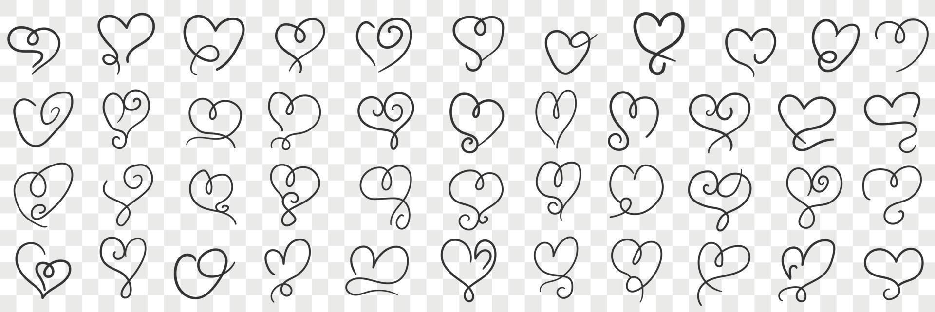 Elegant vintage hearts doodle set. Collection of hand drawn various love symbols hearts with curls lines of different styles and shapes isolated on transparent background vector