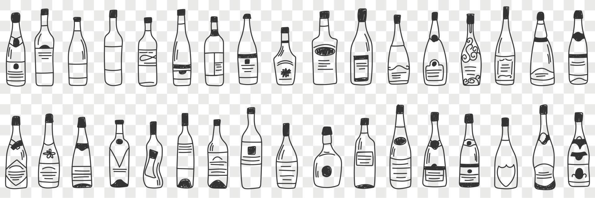 Bottles for alcohol doodle set. Collection of hand drawn various shapes and forms of glass bottle for keeping wine and liquids isolated on transparent background vector