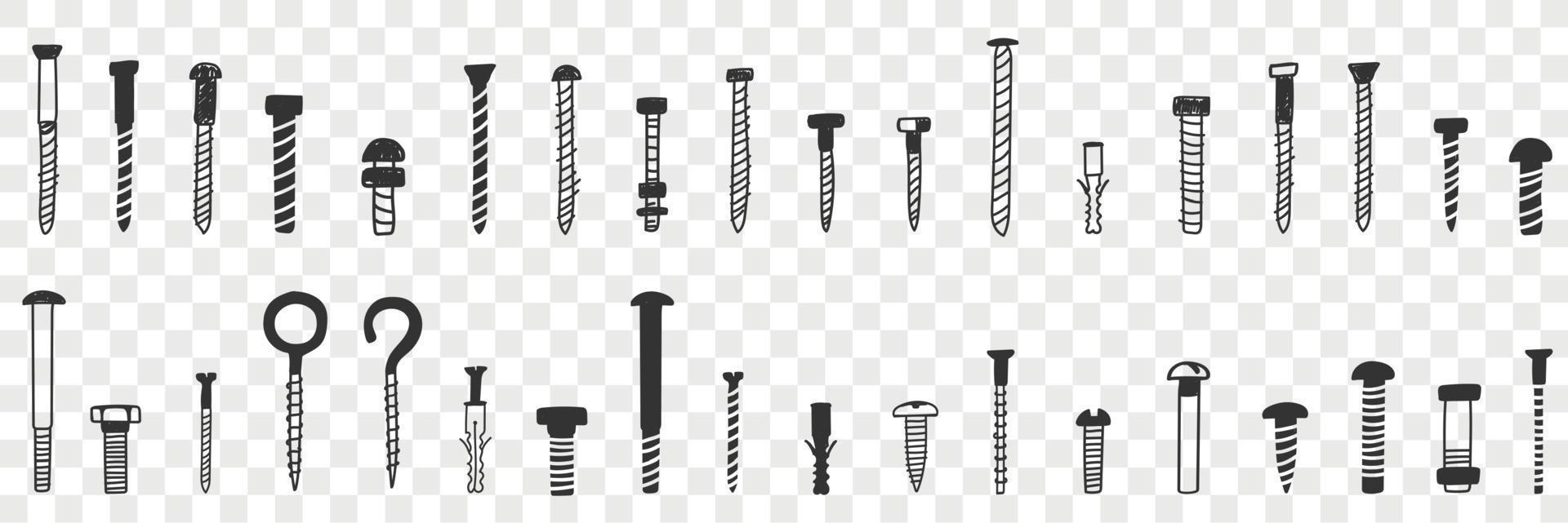 Nails and screws doodle set. Collection of hand drawn nails and screws of various shapes and sizes for repairing isolated on transparent background vector