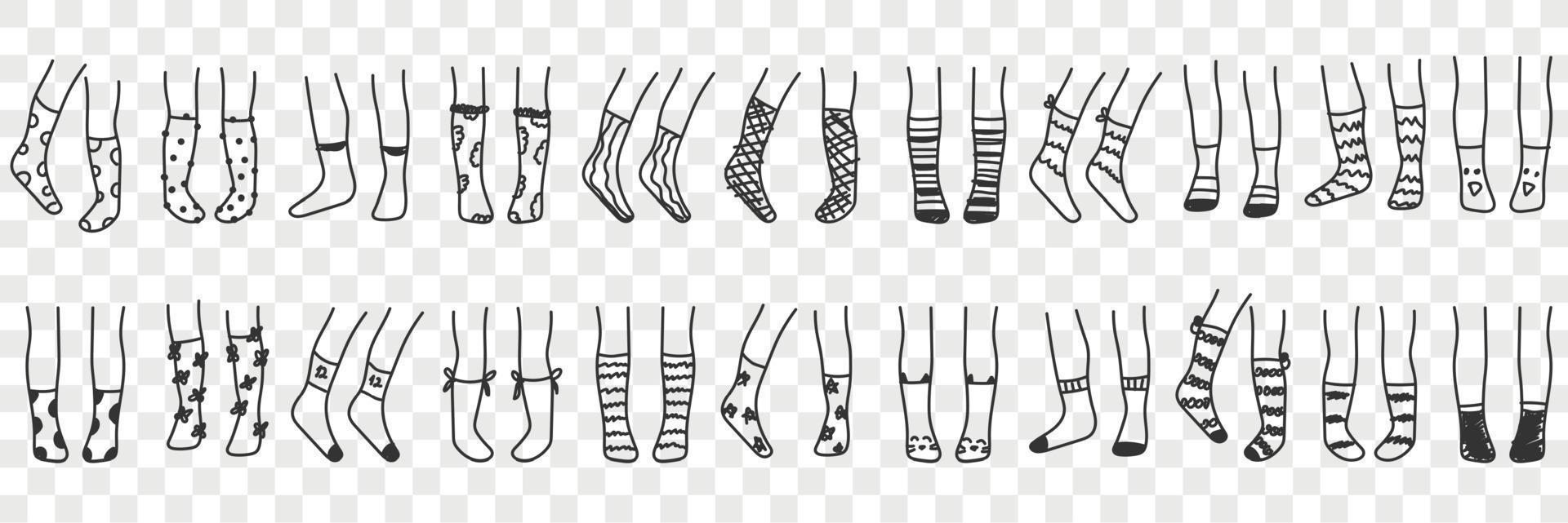 Socks for wearing doodle set. Collection of hand drawn human high and short socks accessories fashion for warming up feet with various patterns isolated on transparent background vector