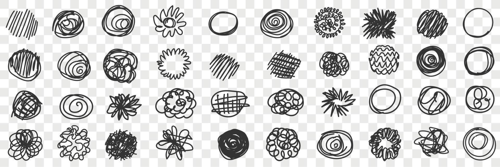 Curves circles scribbles lines doodle set. Collection of hand drawn scribbles of various patterns waving lines geometrical shapes isolated on transparent background vector