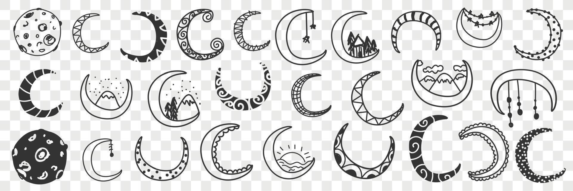 Natural moons pattern doodle set. Collection of hand drawn moons half and full of various patterns and styles decoration isolated on transparent background vector