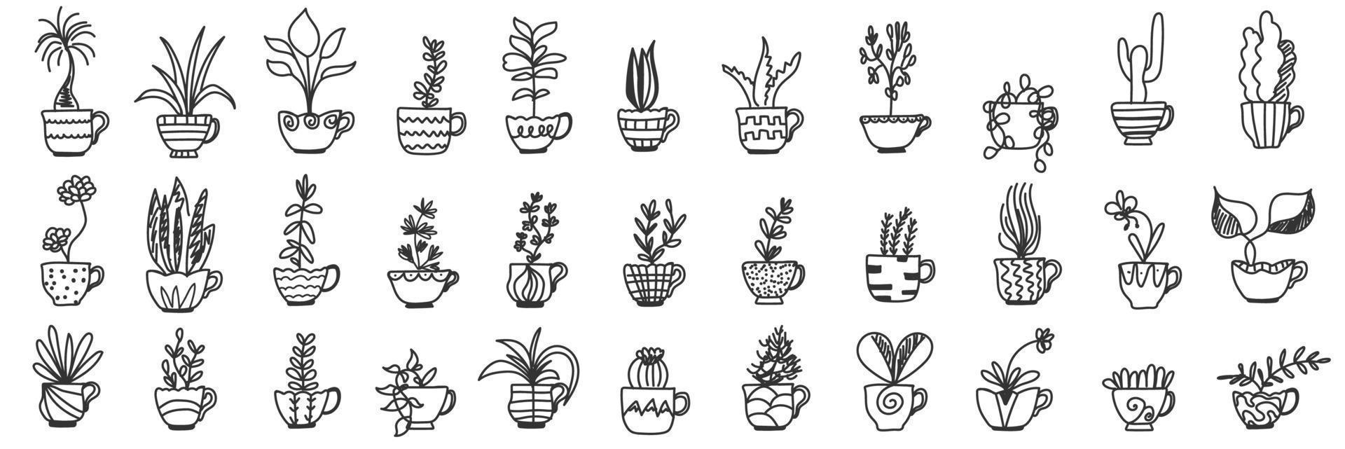 Plants in pots doodle set. Collection of hand drawn various homegrown pants and flowers in pots for home interior decoration isolated on transparent background vector