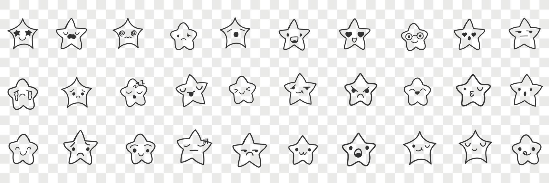 Stars with emoji faces doodle set. Collection of hand drawn cute funny stars with positive and negative facial expressions emoticon isolated on transparent background vector