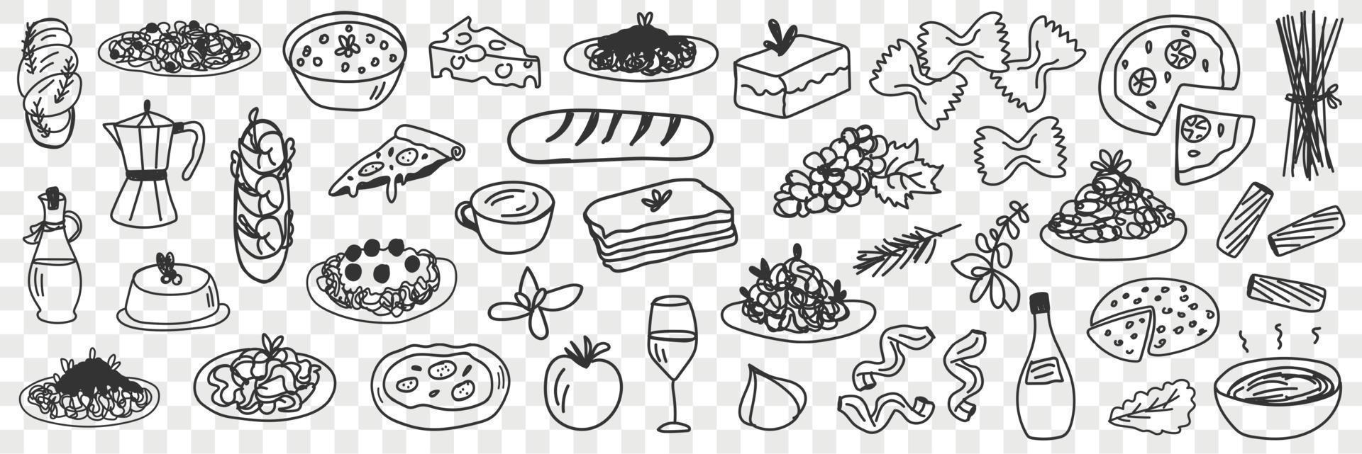 Foods and drinks doodle set. Collection of hand drawn edible and tasty bread cakes fruits pizza soup olive oil and drinks in glass and pot isolated on transparent background vector