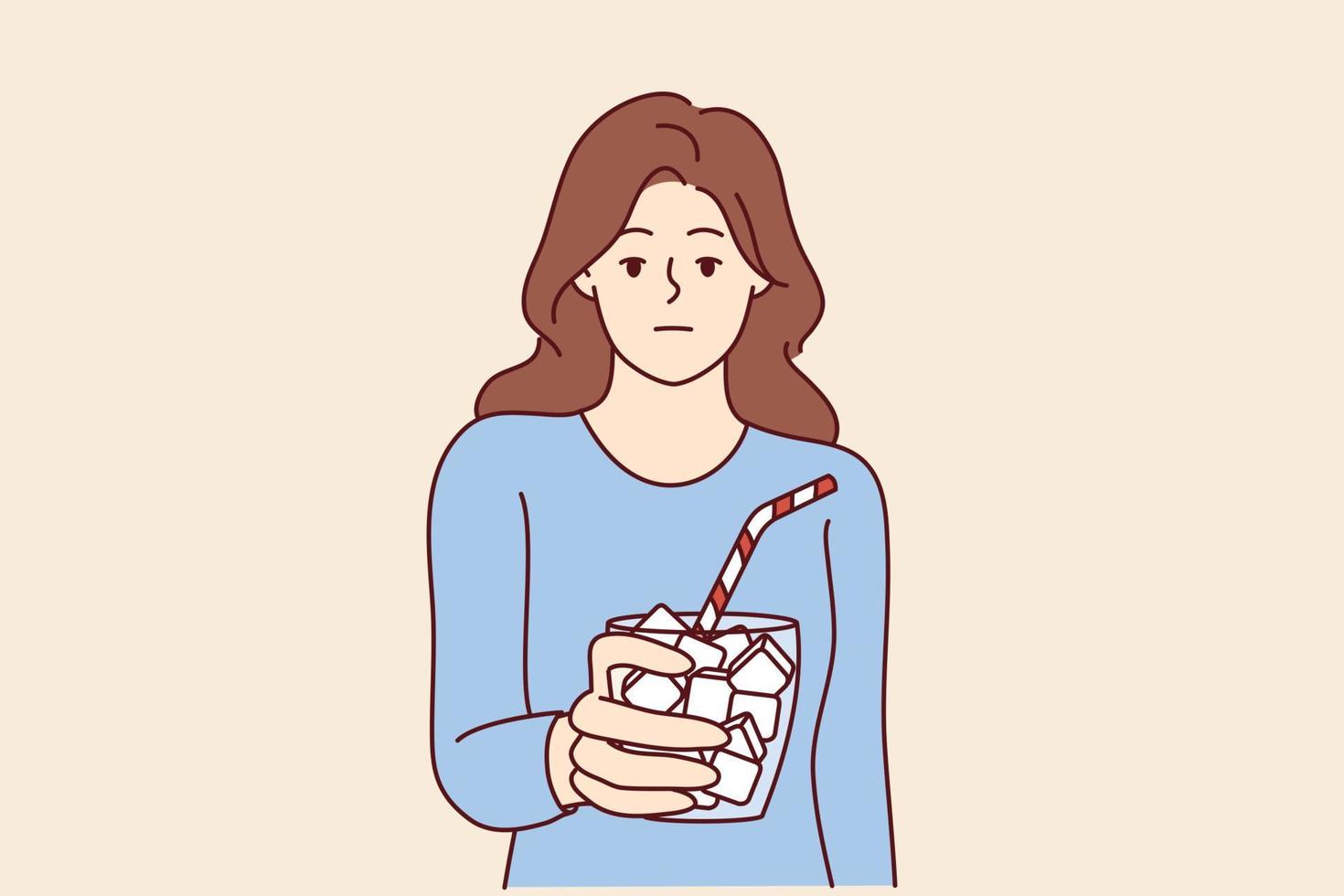 Emotionless girl holds glass full of sugar with straw symbolizing unhealthy nutrition leading to diabetes. Woman drinking drinks with too much sugar needs diet to avoid insulin problems vector