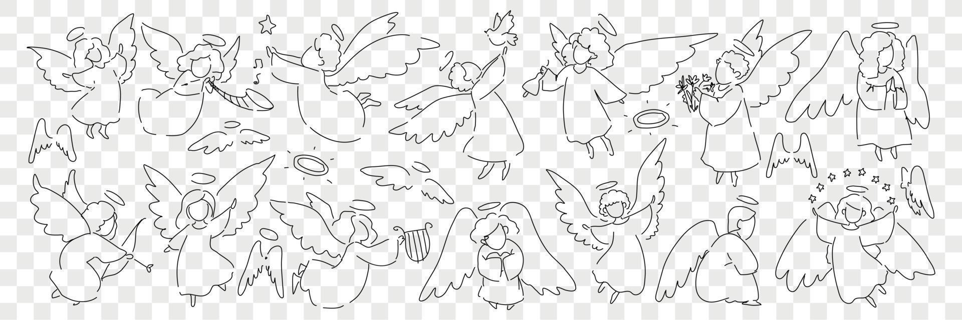 Angel creatures with wings and halo doodle set. Collection of hand drawn looks little angels of saint characters playing musical instruments taking care of birds isolated on transparent background vector