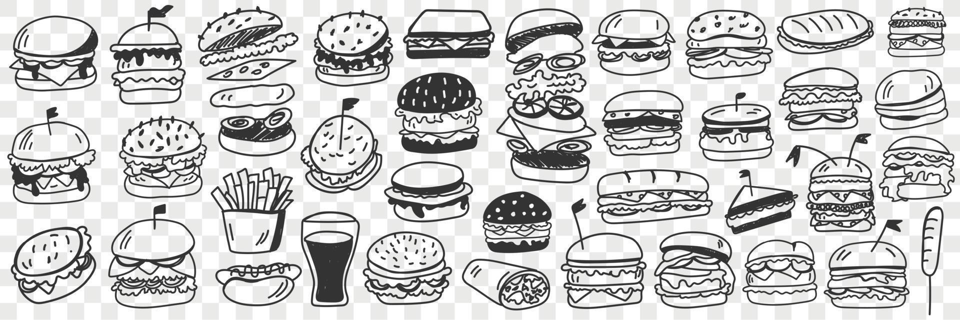 Burgers fast food doodle set. Collection of hand drawn tasty junk food hamburgers cheeseburgers rolls sandwich lemonade in glass isolated on transparent background vector